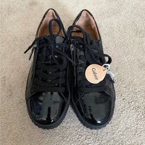 BRAND NEW Gabor Black Patent Lace-Up Sneakers with Side Zippers